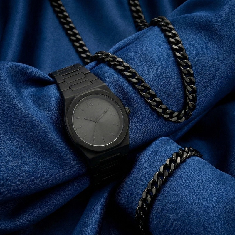ست مردانه ساعت و دستبند و گردنبند solid black-مشکی
